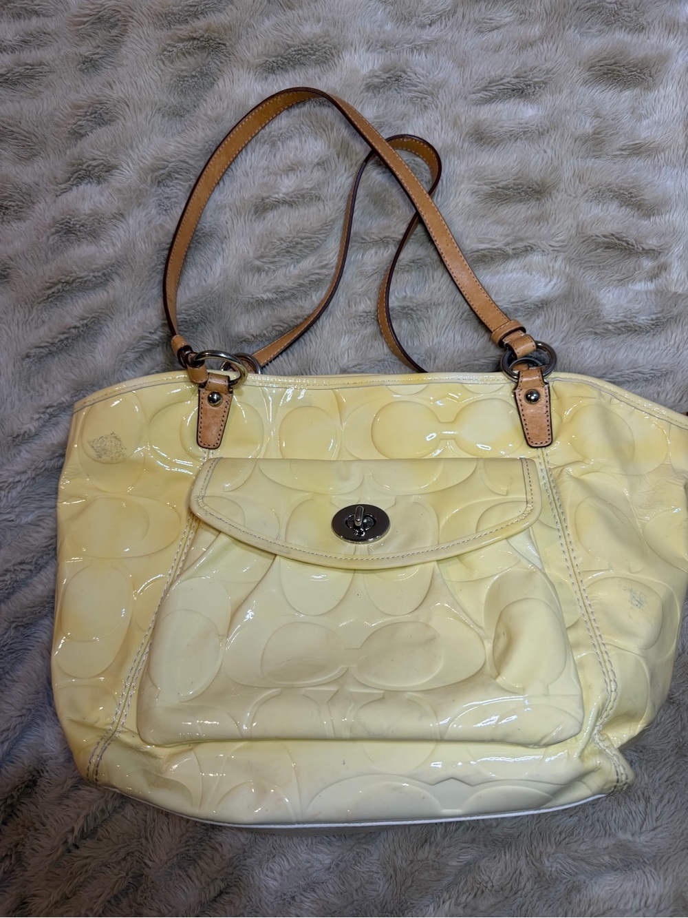 Coach Patent Leather Tote Bag in Pale Yellow with Tan Straps